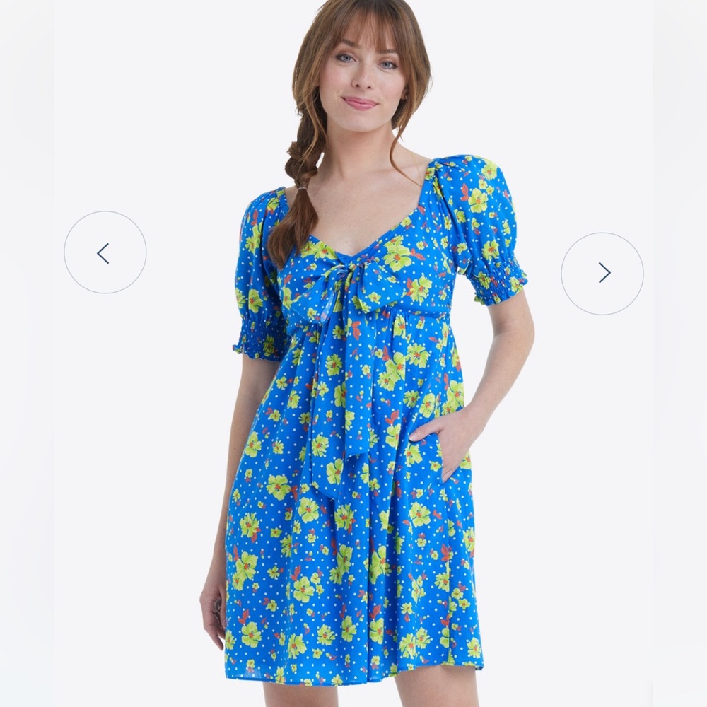 Draper James Blue Floral Midi Dress with Yellow & Green Print